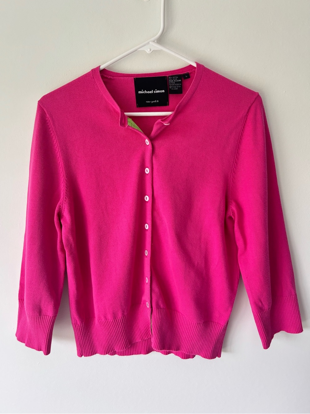 Michael Simon Hot Pink Button Front Cardigan 3/4 Sleeve Vintage Preppy Coquette